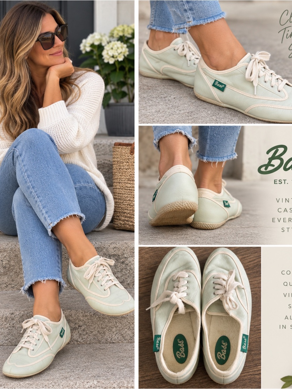 Vintage Bass Women’s Sneakers Size 10 Mint Green Lace Up Retro Casual Shoes